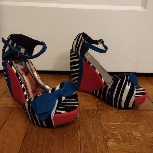 Maker's Zebra Print, Blue & Hot Pink Wedge Platform Sandals Size 9 - Picture 1 of 6